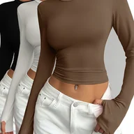 Bluzki damskie - TEMU Damski zestaw 3 szt. dopasowanych tunik - Jednokolorowe, wysokoelastyczne, półprzezroczyste bluzki z okrągłym dekoltem i wiązaniem na kciuk, - miniaturka - grafika 1