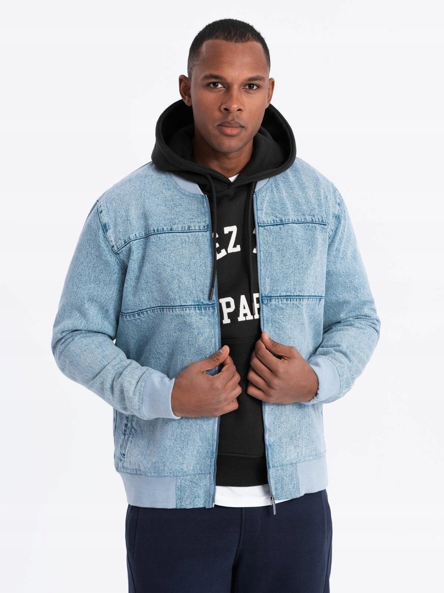 Męska kurtka jeansowa bomberka stone wash błękit Ombre OM-JADJ-0163 V3 S