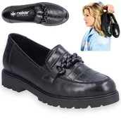 Mokasyny damskie - Eleganckie damskie buty ze skóry licowej mokasyny RIEKER Lordsy czarne 40 - miniaturka - grafika 1