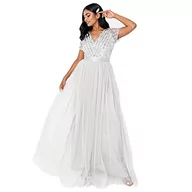 Sukienki - Maya Deluxe damska długa sukienka z dekoltem w serek z krótkim rękawem, elegancka, talia, imperium, ślubna dla druhny, Soft Grey, 50 - miniaturka - grafika 1