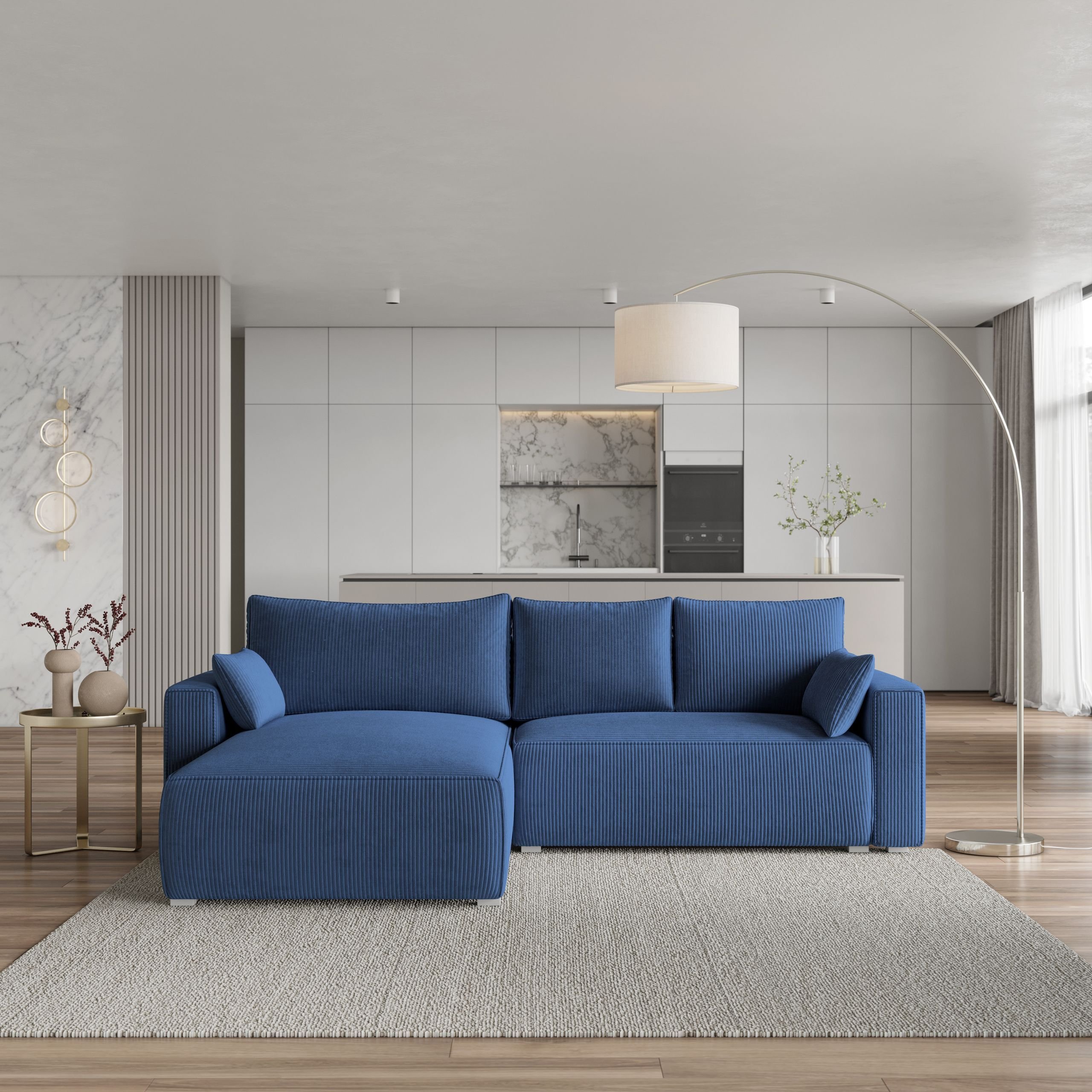 Masseno Narożnik FORIL P z funkcją spania i pojemnikiem na pościel Kształt L, Rozkładana sofa, Rogówka - Niebieski, POSO 05