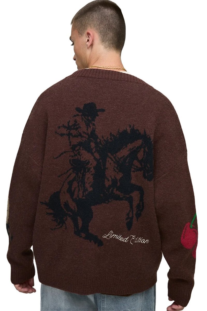 BOOHOOMAN BRĄZOWY SWETER MĘSKI Z NADRUKIEM KOWBOJA I OWOCÓW M Z3A*