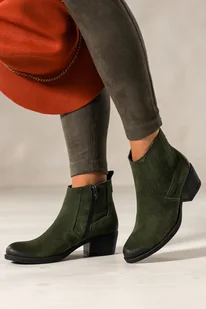 Zielone botki skórzane damskie kowbojki na szerokim ściętym klocku guma w cholewce PRODUKT POLSKI Casu 39455 - Botki damskie - miniaturka - grafika 1