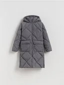 Kurtki i płaszcze dla dziewczynek - Reserved - Długi pikowany płaszcz z kapturem - ciemnoszary - miniaturka - grafika 1