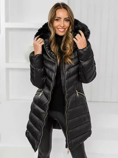 Kurtki damskie - Czarna długa pikowana kurtka płaszcz damska zimowa z kapturem Denley 5M3162 - grafika 1