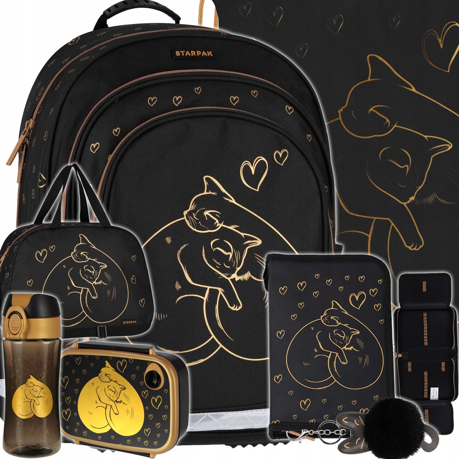 Plecak Szkolny Czarny Złoty Kotek Kot Piórnik Torba Bidon Śniadaniówka