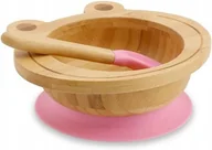 Miseczki i talerzyki dla dzieci - Miska dla dziecka bambusowa z różową przyssawką i łyżeczką ekologiczna - miniaturka - grafika 1
