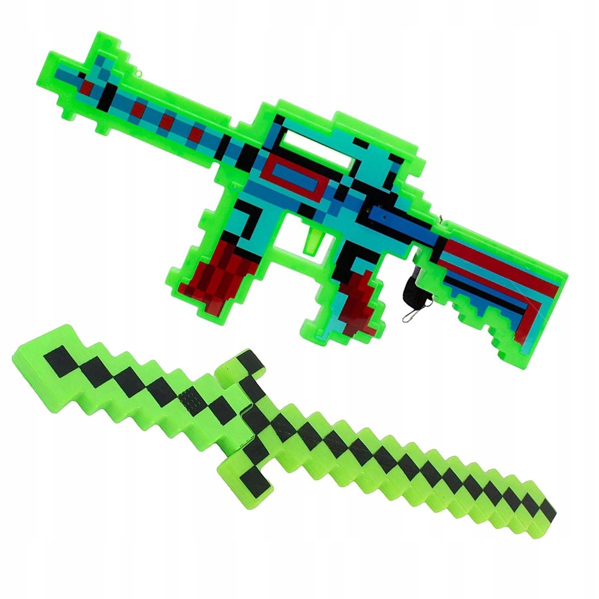 ZESTAW MINECRAFT Z GRY 2w1 ŚWIECĄCY MIECZ KARABIN PIXEL EFEKTY DŹWIĘKOWE