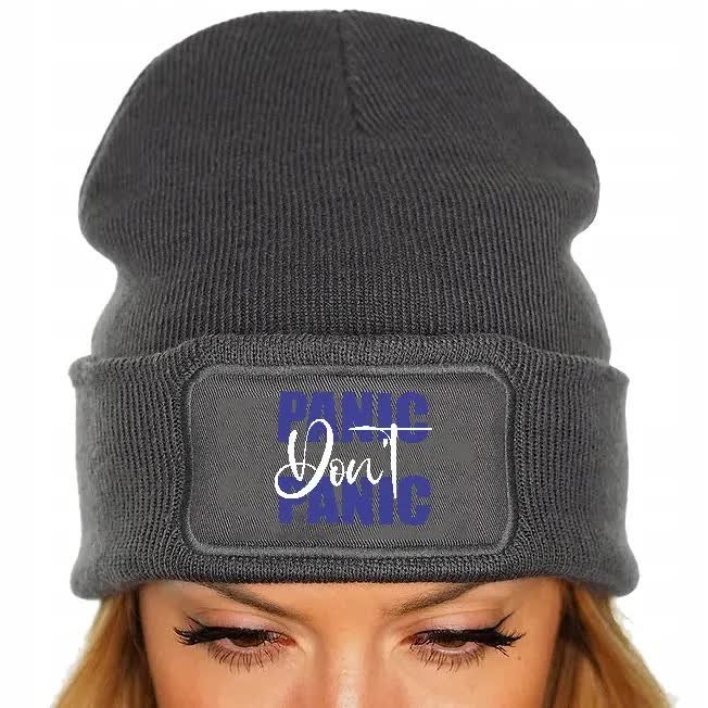 CZAPKA SZARA Zimowa Bawełniana Na Prezent PANIC DON'T PANIC Wzory