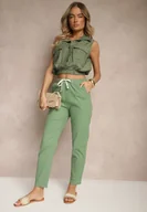 Spodnie damskie - Zielone Bawełniane Spodnie ze Sznurkami Fenarlia - miniaturka - grafika 1