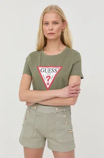 Guess t-shirt bawełniany kolor zielony - Koszulki sportowe damskie - miniaturka - grafika 1