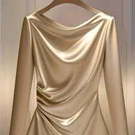 Koszule damskie - TEMU Elegancka damska koszula ze złotego satyny z długim rękawem i falbankami Okrągły dekolt, dopasowany krój, na każdą porę roku - miniaturka - grafika 1