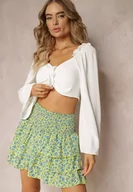 Spódnice - Żółta Rozkloszowana Spódnica Mini w Kwiaty z Gumkami w Talii i Falbanami Ademelina - miniaturka - grafika 1