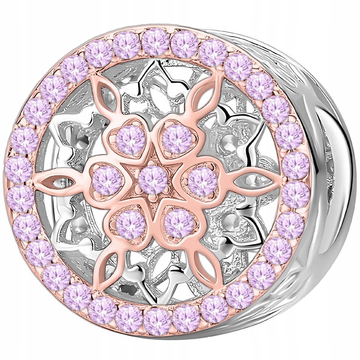 Charms Srebrny Kwiat Ażurowy Duży Kwiatek Fioletowe Cyrkonie SREBRO 925