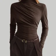 Bluzki damskie - TEMU Damski Jednokolorowy T-Shirt z Stojącym Kołnierzem i Długim Rękawem - Średnio Elastyczna Bluzka Biurowa Idealna na Warstwowe Ubieranie w Zimie, - miniaturka - grafika 1