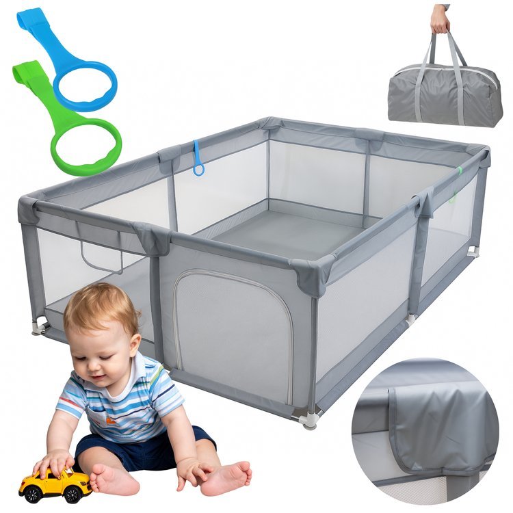 KOJEC DLA DZIECKA 200X140 CM - DUŻY SUCHY BASEN Z SIATKĄ, WEJŚCIE NA ZAMEK, UCHWYTY DO NAUKI CHODZENIA, TORBA TRANSPORTOWA SZARY