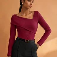 Bluzki damskie - TEMU Elegancka Tunika Damska z Asymetrycznym Dekoltem - Głęboki Bordowy/Czerwony/Czarny/Granatowe/Szarzywo Beżu - Strukturalna Bluzka do Biura, na Co - miniaturka - grafika 1