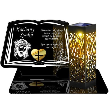 ZNICZ SOLARNY LED WIECZNY PODSTAWKA NA CMENTARZ GRÓB lampka Księga 3D DLA SYNA