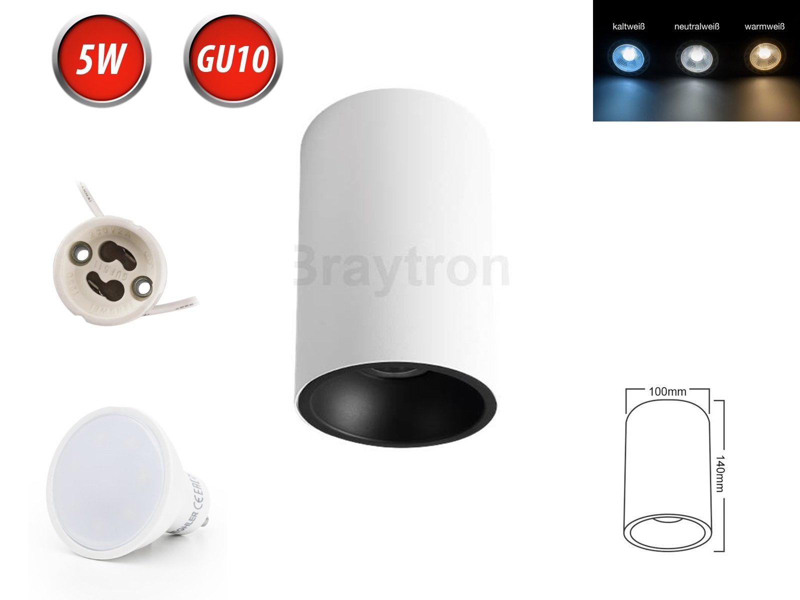 Lampa sufitowa BETA-SR Reflektor natynkowy Lampa natynkowa Ø100mm Reflektor natynkowy z GU10 5W Ciepła biała żarówka LED Okrągła biała/czarna