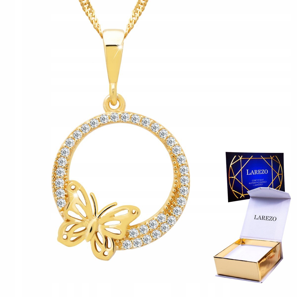 Złoty Naszyjnik 925 Kółko z Motylem Cyrkoniami Motyl Butterfly Motylek