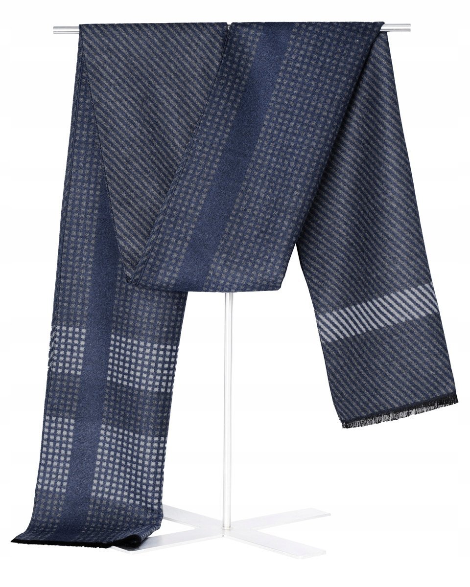 Szal Szalik Męski Zimowy Ciepły Granatowo - Szary W Krateczkę