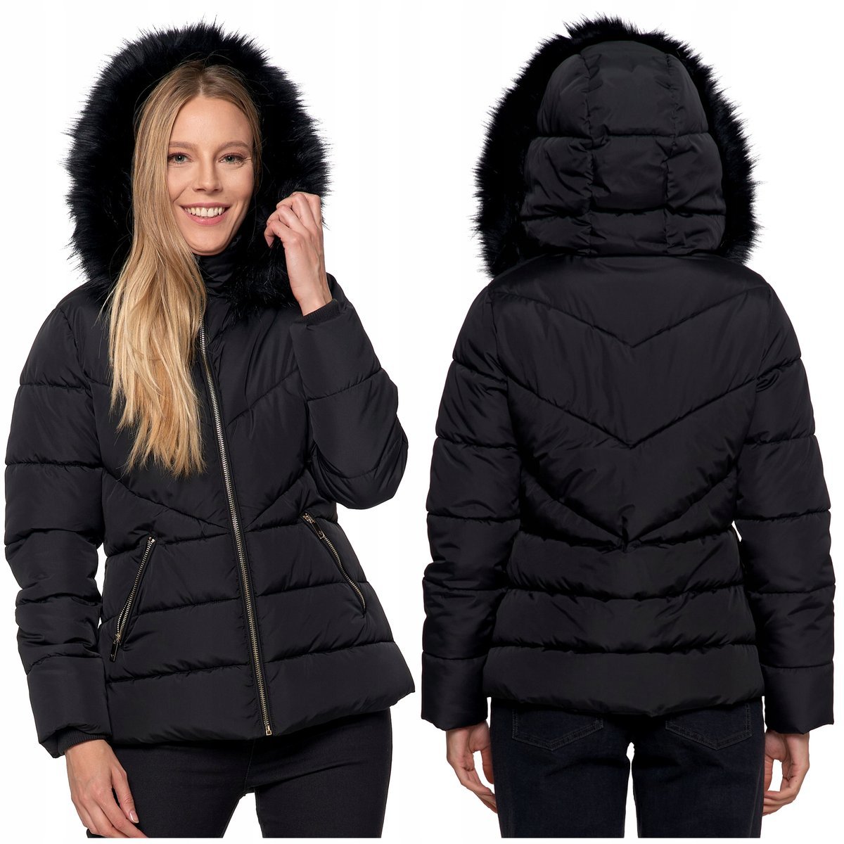 KURTKA DAMSKA Pikowana Kurtka z Futerkiem Czarna Ciepła na Zimę MORAJ r. XL