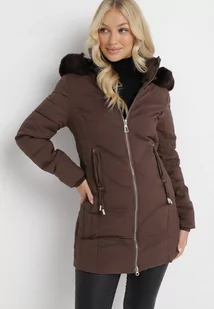 Brązowa Kurtka Płaszcz z Pikowaniem i Futrzanym Kapturem Navimesa - Kurtki damskie - miniaturka - grafika 1