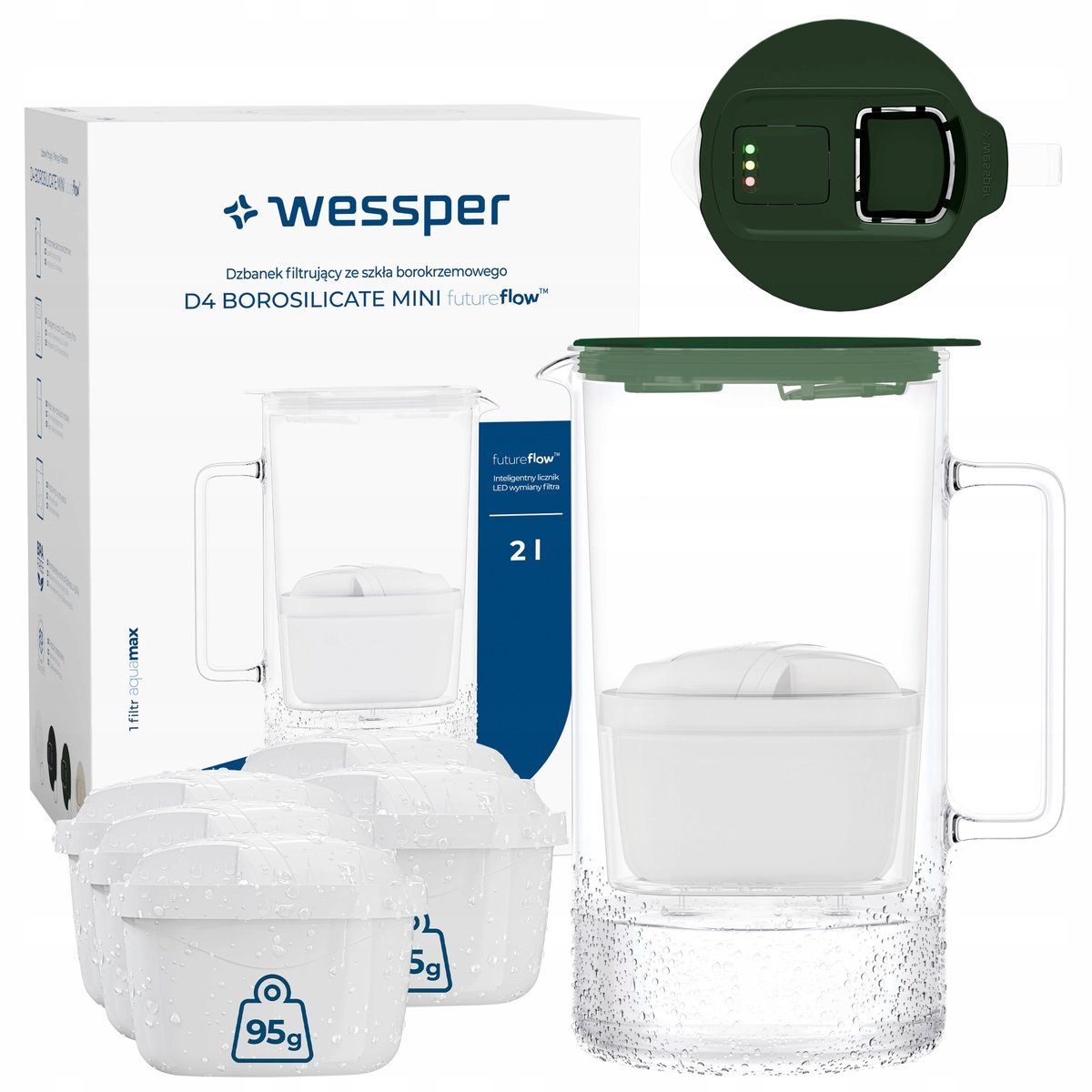 Szklany dzbanek filtrujący Wessper D4 BOROSILICATE MINI FF 2l + 6x filtr