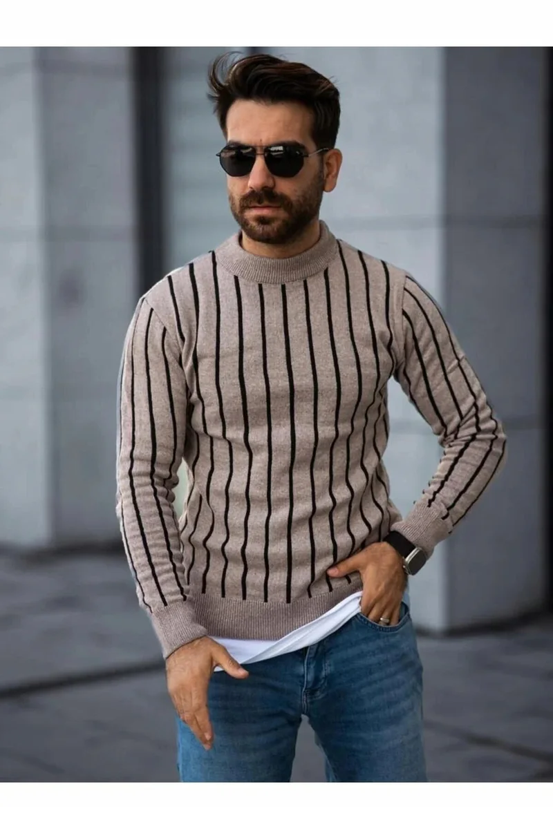 MĘSKI BEŻOWY SWETER W CZARNE PASKI Z PÓŁGOLFEM M 5IA