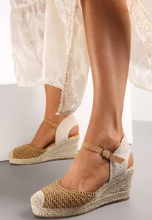 Sandały damskie - Brązowe Sandały Espadryle na Koturnie Zdobionym Plecionką Killasia - grafika 1