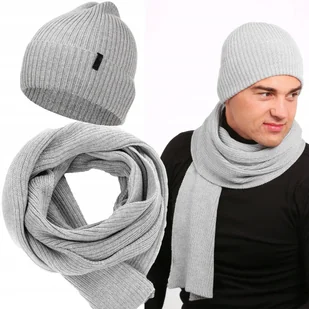 Komplet Czapka Męska Zimowa Szalik Szal Zestaw 100% Wełna Merino 55-60 - Czapki męskie - miniaturka - grafika 1
