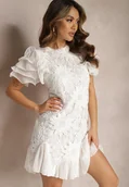 Sukienki - Biała Sukienka Dopasowana Mini z Koronką i Falbankami Offiamea - miniaturka - grafika 1