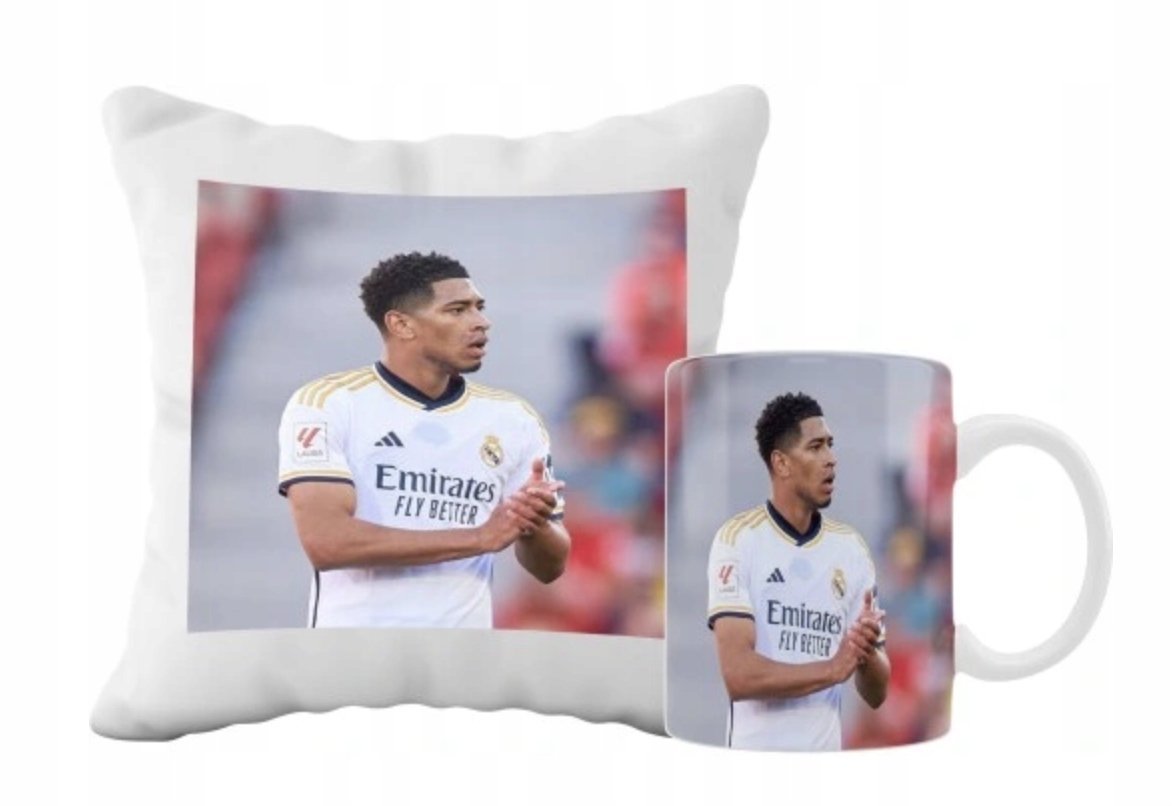 ZESTAW PODUSZKA + KUBEK Prezent JUDE BELLINGHAM REAL MADRYT + IMIĘ 38