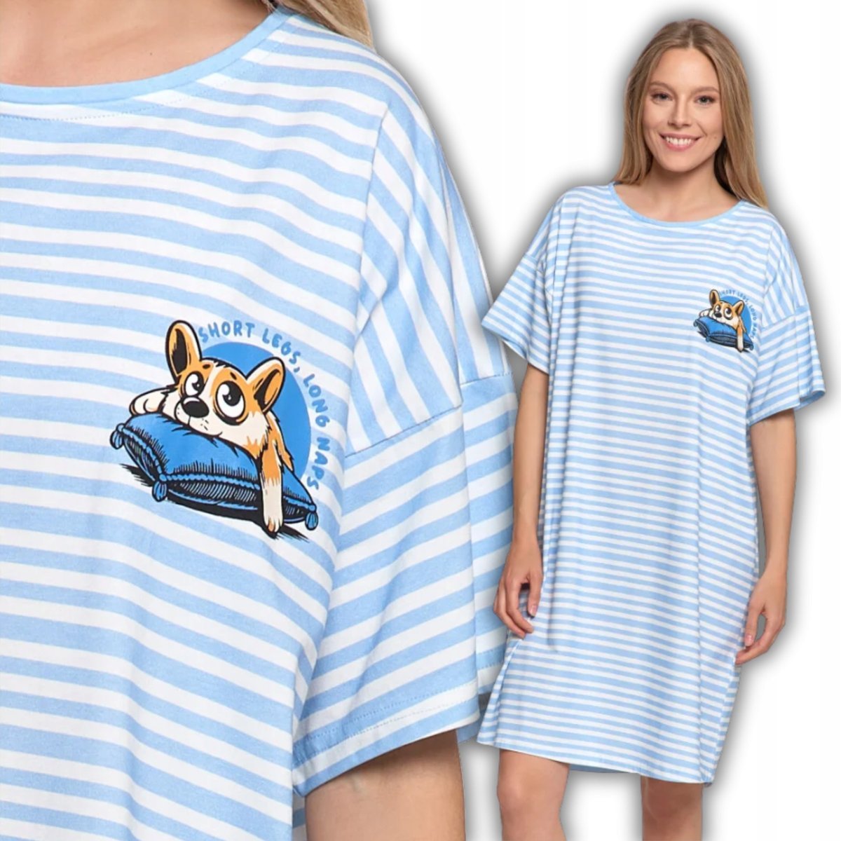 KOSZULA NOCNA DAMSKA BAWEŁNIANA LUŹNA Z KRÓTKIM RĘKAWEM NADRUK MORAJ L BLUE