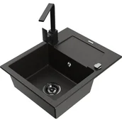 Zlewozmywaki z baterią - Mexen Enzo zlewozmywak granitowy 1-komorowy z ociekaczem i baterią kuchenną Rita, czarny/złoty metalik - miniaturka - grafika 1