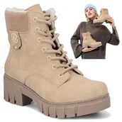 Botki damskie - Rieker Botki Damskie Jesienne Trzewiki na obcasie Ocieplane Modne Beżowe 41 - miniaturka - grafika 1