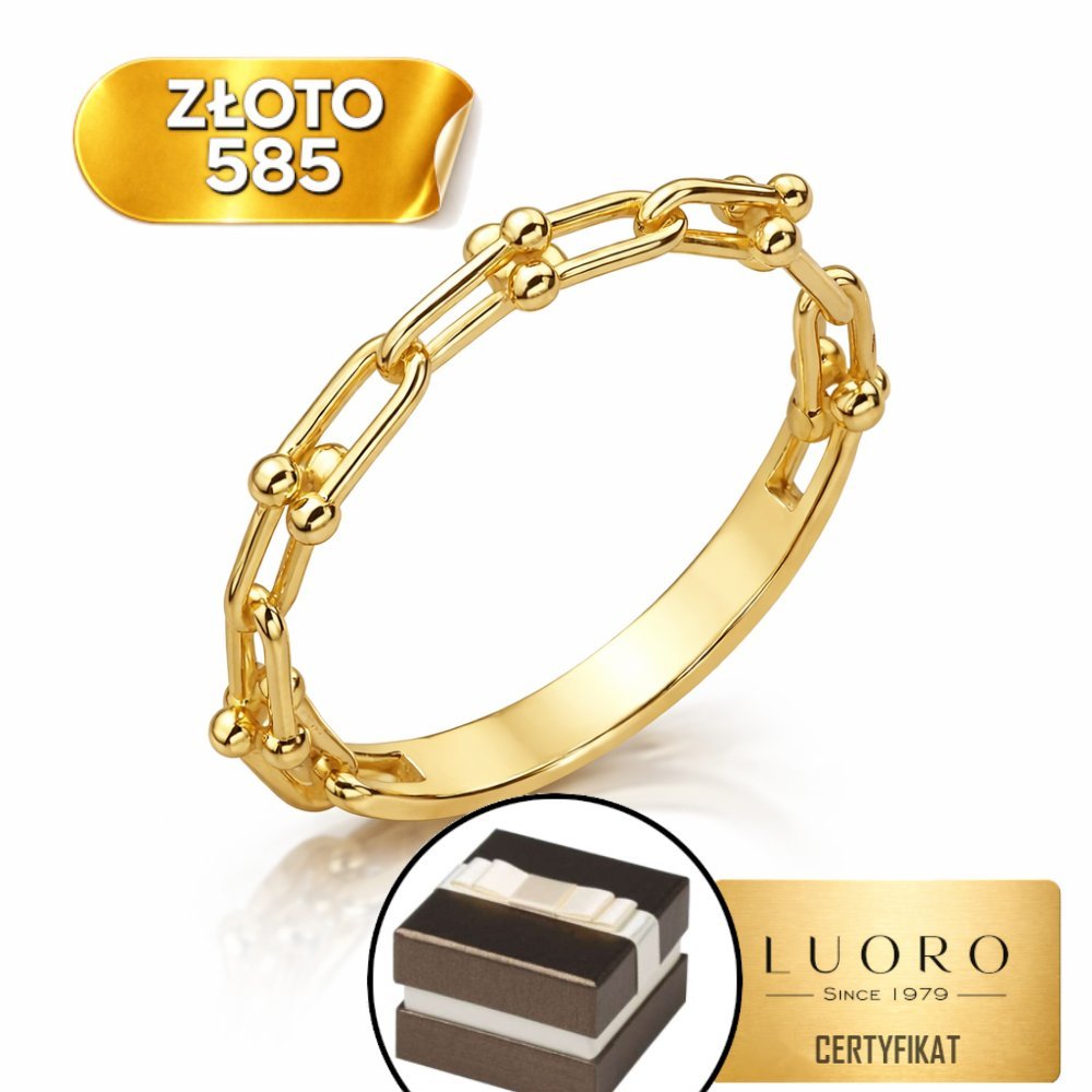 PIERŚCIONEK ZŁOTY 585 14K SPLOT SPLECIONE OGNIWA GŁADKIE KULKI R13