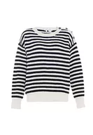 Swetry damskie - Blonda Damski sweter w paski z okrągłym dekoltem i wstawkami akryl Wełnowo-biały, granatowy, rozmiar XL/XXL, Wełniana biel morska, XL - miniaturka - grafika 1