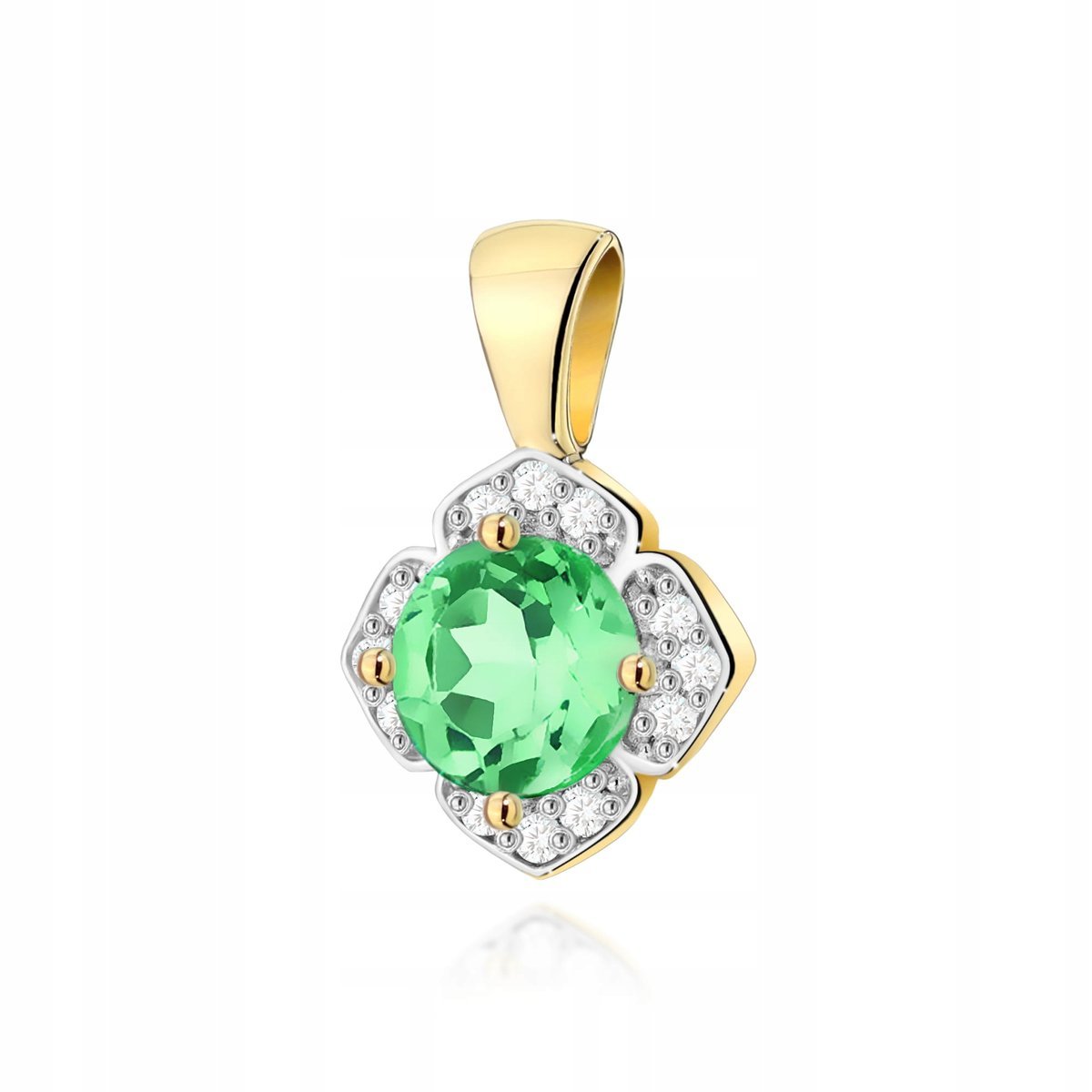 Wisiorek złoty 585 diamenty naturalne szmaragd elegancki wzór 0.5g kwiat