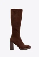 Półbuty męskie - Damskie kozaki z imitacji zamszu na słupku brązowe - miniaturka - grafika 1