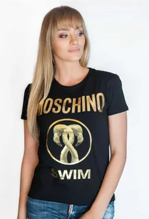 Koszulki i topy damskie - T-shirt damski czarny Moschino Swim - złote duże logo - grafika 1
