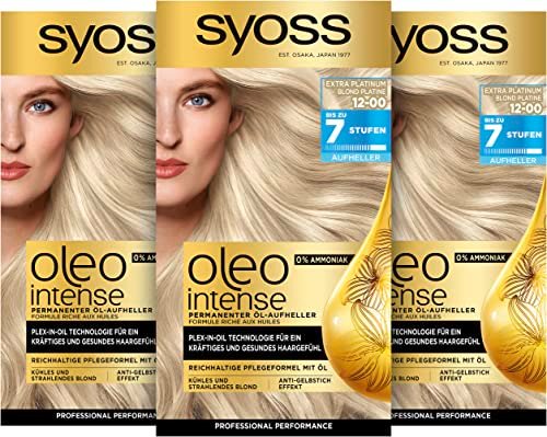 Syoss Oleo Intense rozjaśniacz olejowy 12-00 Extra Platinum poziom 3 (133 ml), trwała farba do włosów z pielęgnującym olejem, koloryzacja bez amoniaku