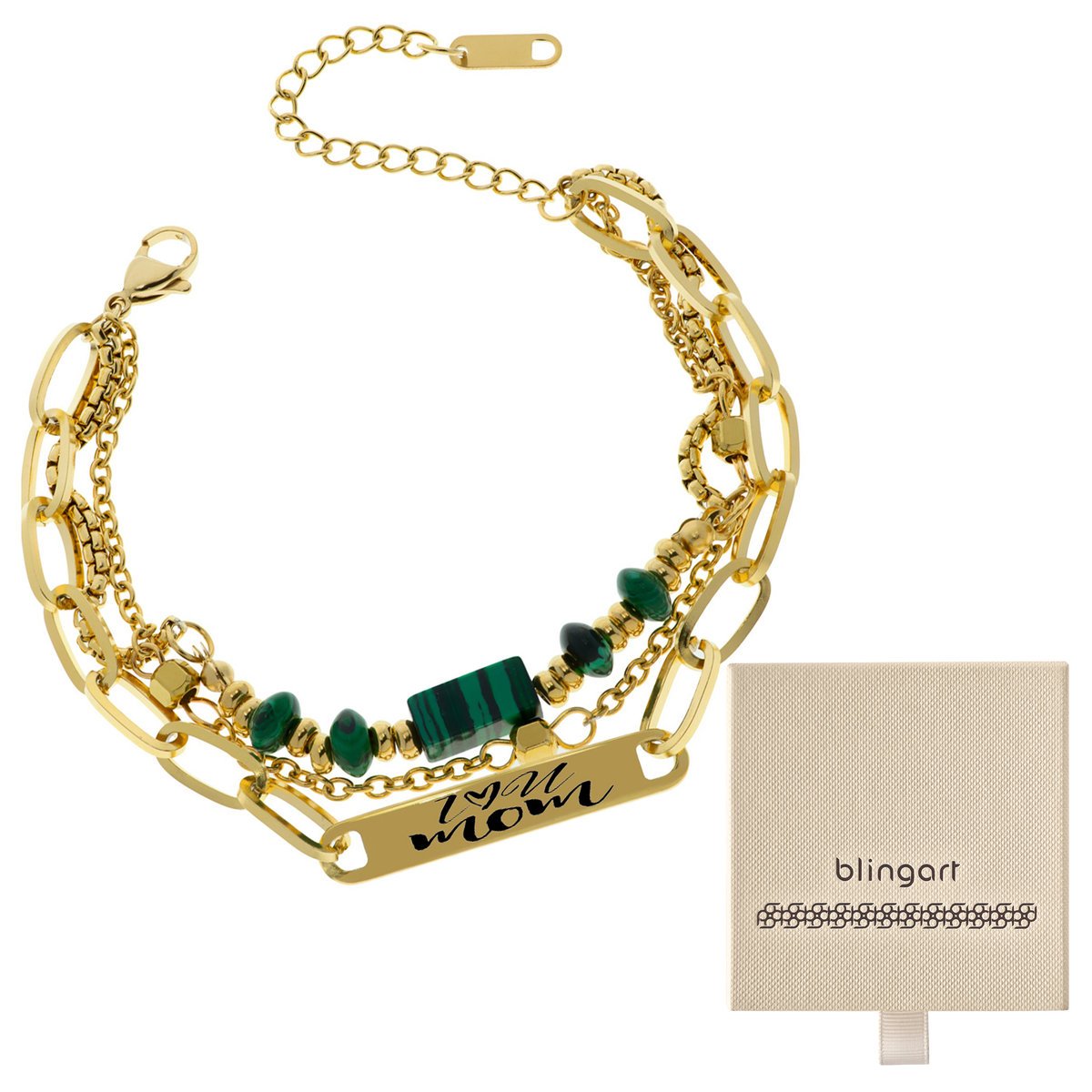 Bransoletka damska POZŁACANA potrójna MALACHIT reg