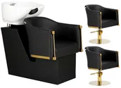 Meble fryzjerskie - Lincoln zestaw czarny myjnia fryzjerska i 2 x fotel fryzjerski hydrauliczny obrotowy podnóżek do salonu fryzjerskiego myjka ruchoma misa ceramiczna armatura bateria słuchawka - miniaturka - grafika 1