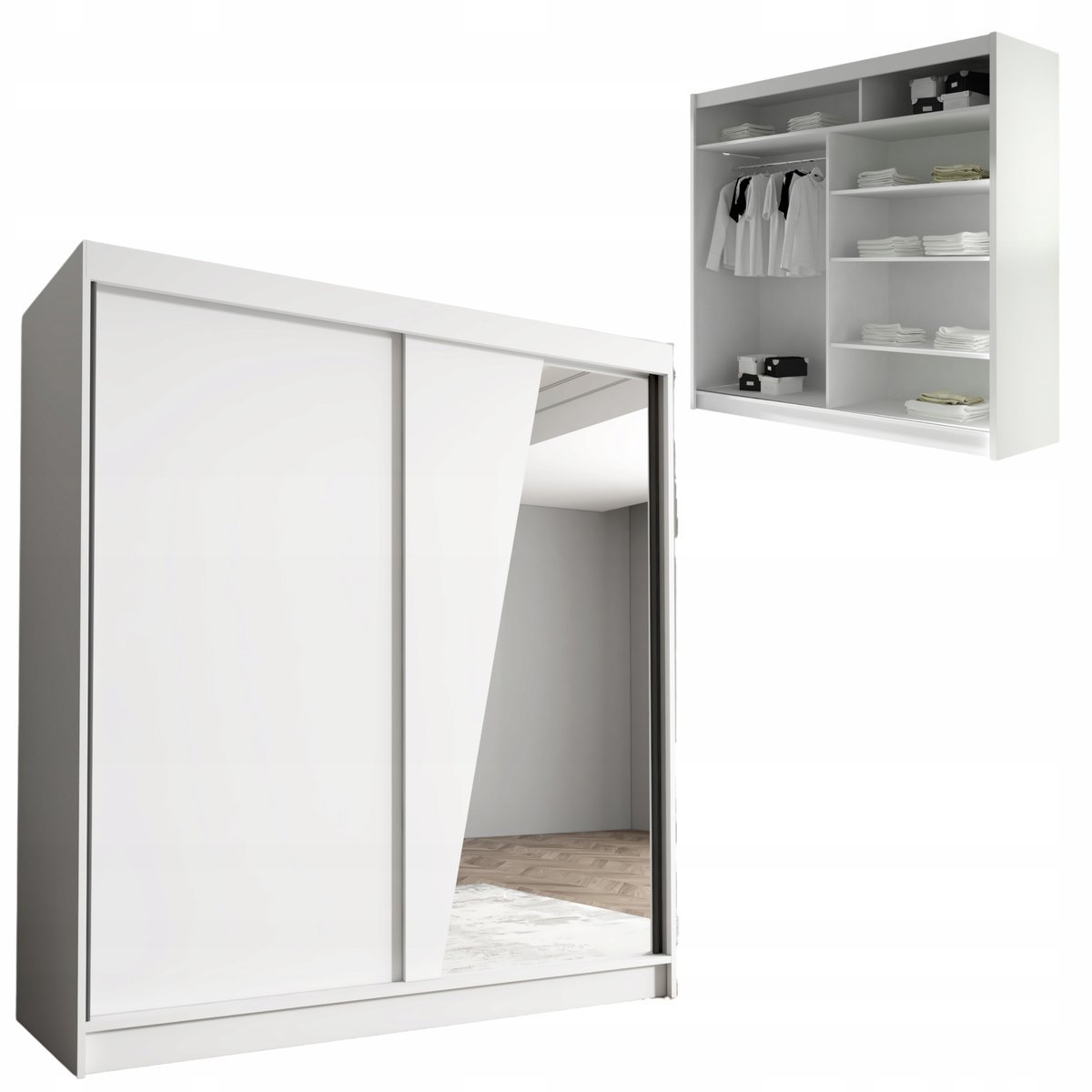 SZAFA przesuwna z lustrem biała 180 cm BELLA V duża pojemna GARDEROBA półki