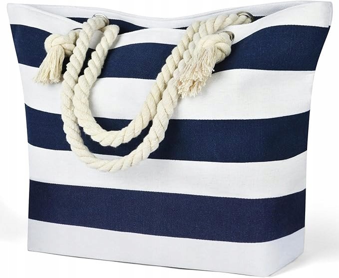 DUŻA TORBA PLAŻOWA MATERIAŁOWA - SKŁADANA - ODPORNA NA PIASEK - Z ZAMKIEM