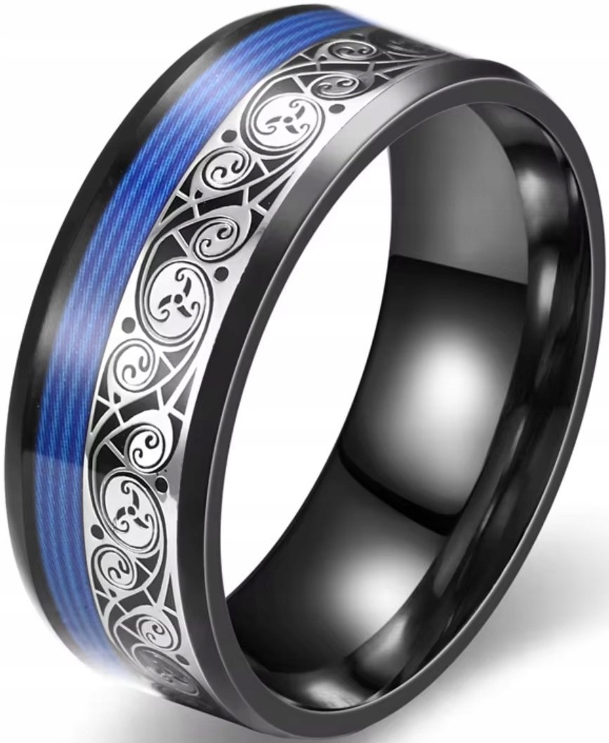 Stylowy Pierścień Sygnet Czarny z Niebieskim Akcentem i Ornamentami