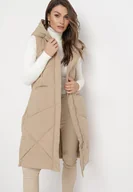 Kamizelki damskie - Beżowa Długa Kamizelka z Nieodpinanym Kapturem i Wsuwanymi Kieszeniami Almanessa - miniaturka - grafika 1