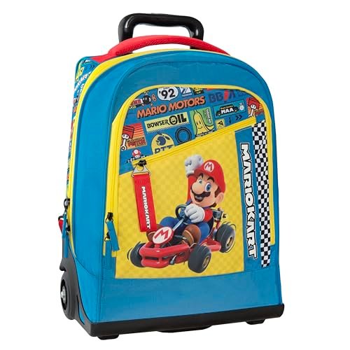 Plecak szkolny MARIO KART Mario Kart z wymiennymi kółkami, regulowany uchwyt, 2 główne kieszenie, kieszeń przednia, wyściełane i regulowane paski na ramię, 36 x 47 wys. x 23 cm, Niebieska, 36x23x47,