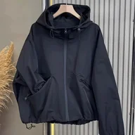 Kurtki damskie - TEMU Kurtka wiatroszczelna z kapturem dla kobiet - Czarna, casualowa, na co dzień i do miasta, z zamkiem błyskawicznym, gładkie wykończenie, pranie - miniaturka - grafika 1